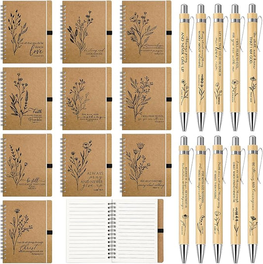 100 Pcs Bible Verse Spiral Notebook with Bamboo Christian Ballpoint Pens Aesthetic Religious Notepads Inspirational Journals Easter Christian Gifts for Women Men Office (Classic Style)