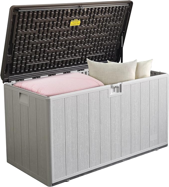 110 Pro Gallon Resin Deck Box, Waterproof Outdoor Storage Bin for Patio, Poolside, and Garden, Lockable & UV-Resistant, Ideal for Small Spaces, Coffee-DeskLoop Office