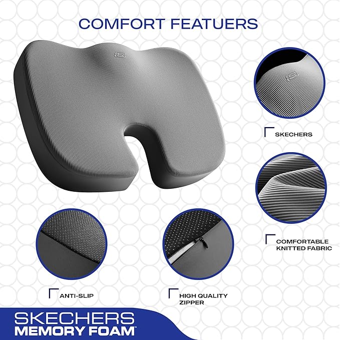 Skechers Memory Foam Seat Cushion,Office Chair Cushion for Tailbone Pain Relief,Butt Pillow for Office Chair,Car seat Cushion,Computer Desk,Long Sitting Office Workers,and Car Drivers,Grey-DeskLoop Office