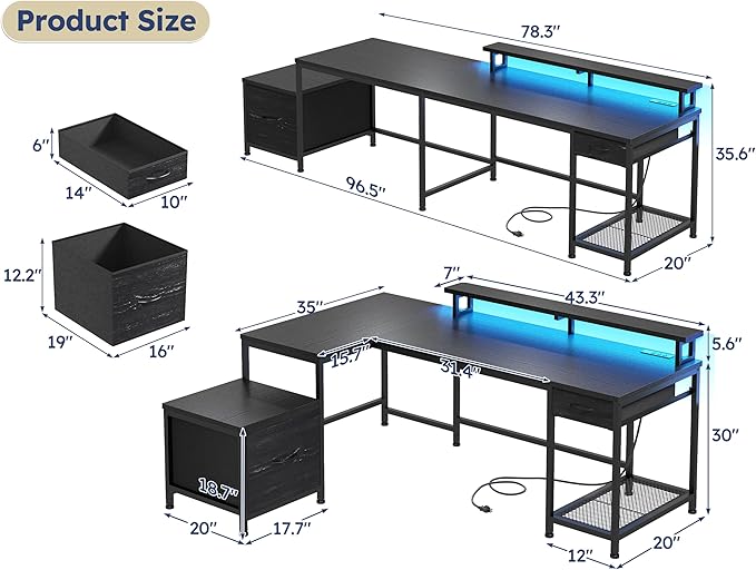 L Shaped Computer Desk with Drawers, Gaming Desk with LED Lights & Monitor Shelf, Office Desks with Power Outlets, Corner Desks for Home Office, Study Room and Bedroom, Black-DeskLoop Office