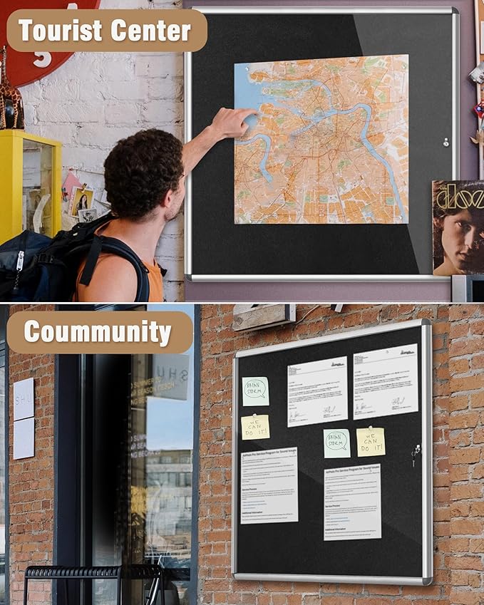 38"x38" Enclosed Bulletin Board, Lockable Weather-Resistant Aluminum Cork Noticeboard for School & Office, Silver Frame w/Black Flet-DeskLoop Office