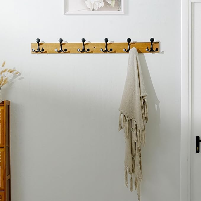 SKOLOO 39-Inch Light Brown Wood Coat Rack Wall Mount with 6 Triple Hooks - Ideal for Family Entrances, Classrooms, and Pet Supplies Storage - Perfect Coat Hooks for Wall-DeskLoop Office
