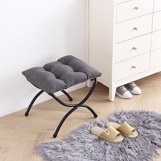 LITA Folding Upholstered Footrest Stool, Modern Small Portable Accent Ottoman with Detachable Thick Cotton Cushion Padded Sofa Stool with Metal Frame for Lazy Chair, Living Room & Bedroom, Dark Grey-DeskLoop Office