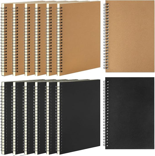 12 Pack Small Spiral Notebook A5 Lined College Ruled Spiral Journal Notebook 5.5 x 8.3 Inch Kraft Cover, 120 Pages for Work Students Office Business(Brown, Black)-DeskLoop Office