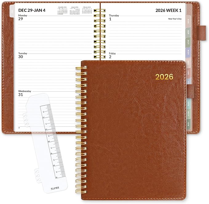 SUNEE 2026 Weekly & Monthly Planner 6.4"x8.5"- 12 Month, Vegan Leather Cover by SUNEE