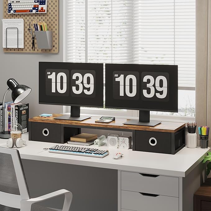 45" Large TV Riser with Fabric Drawers for 32-60 inch TV, TV Stand Riser with Steel Legs, Tabletop TV Riser Shelf, Monitor Stand Riser for Home Office, Rustic Brown-DeskLoop Office