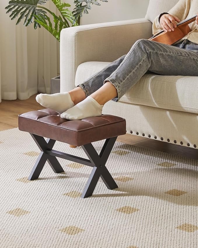 IBUYKE Small 12" H Footrest Stool, Square PU Foot Stool with Metal X-Leg, Multi-Use as Small Side Table, Step Stool for Living Room, Bedroom, Entryway, Office, Dark Brown WBD012Z-DeskLoop Office