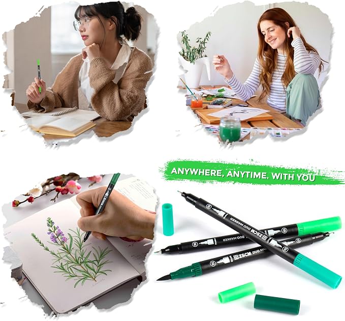 ZSCM Green Duo Tip Marker Pens, 12 Pack Fine & Brush Markers - Image 7