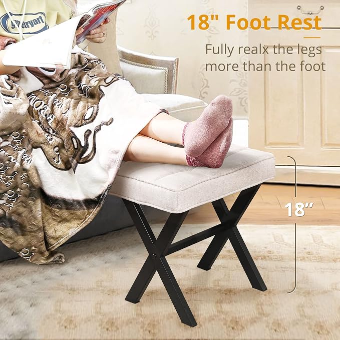 LUE BONA Ottoman Foot Stool Vanity Stool, Square Linen X-Leg Foot Rest Ottoman - Image 4