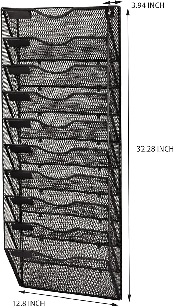 EASEPRES 10 Pocket Mesh Hanging Wall File Organizer, Wall Mounted Mail Paper Document Folder Holder, Clipboard Storage Organization Magazine Rack with Nametag Label for Office Home School, Black-DeskLoop Office