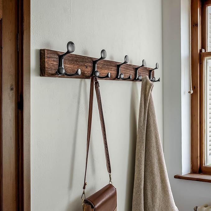 SKOLOO 30-Inch Wood Burnt Coat Rack Wall Mount with 5 Triple Hooks - Ideal for Family Entrances, Classrooms, and Pet Supplies Storage - Perfect Coat Hooks for Wall-DeskLoop Office