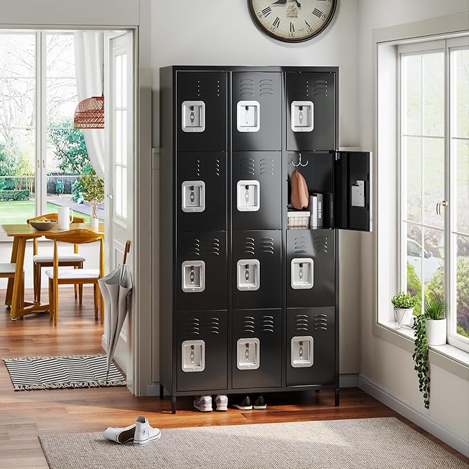 12 Doors Metal Lockers for Employees with Lock, Metal Locker with 12 Hooks for School Garage Office Gym Home,Assembly Required,Black-DeskLoop Office