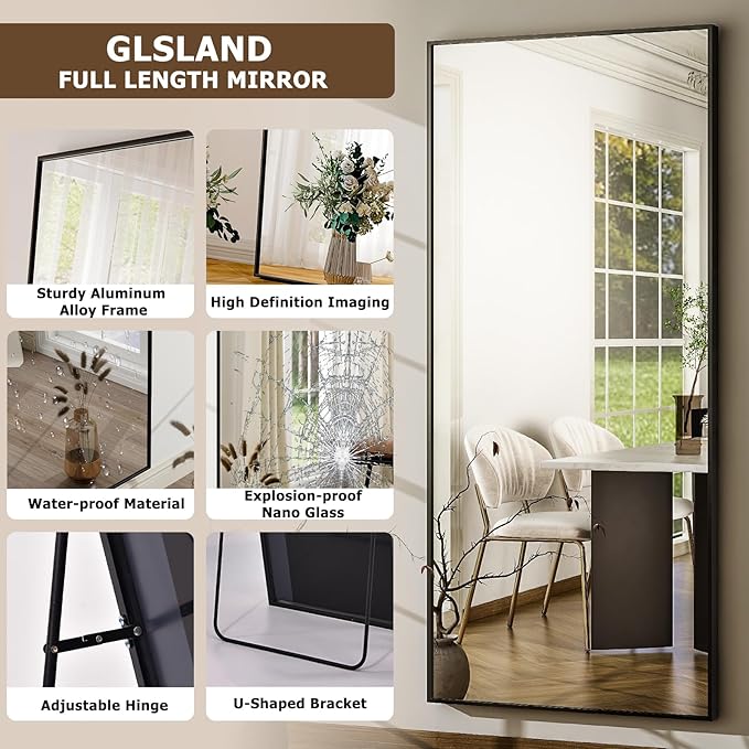 GLSLAND 68" x 24" Full Length Mirror - Rectangle Floor Mirrors Aluminum Alloy Frame Full Body Mirror for Bedroom, Living Room, Cloak Room,Black-DeskLoop Office