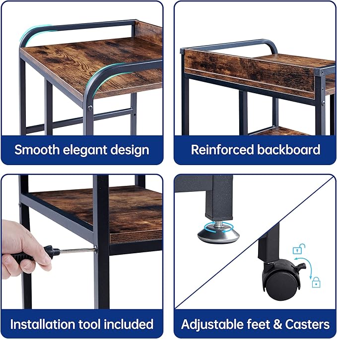 22 x 18 Inch Large Printer Stand, Mobile Printer Table with Wheels for Home Office Storage and Organization, PC Tower Stand, Host Computer Cart, Shelf for Desktop CPU Shredder - Rustic Brown-DeskLoop Office