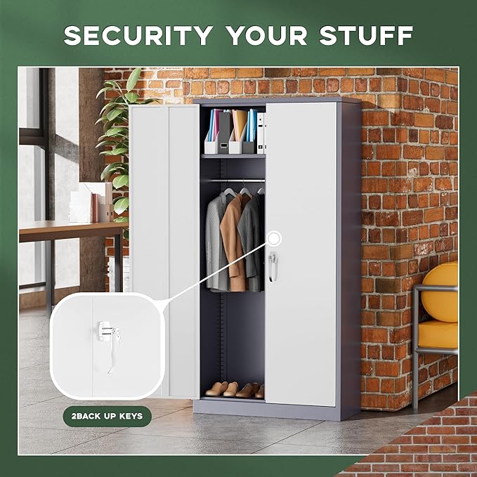 Greenvelly Metal Wardrobe Cabinet with Lock Door, 72" Metal Wardrobe Closet Cabinet with Hanging Rods and Adjustable Shelves, Steel Storage Locker Closet for Home, Office, Employee, Gym (White Grey)-DeskLoop Office