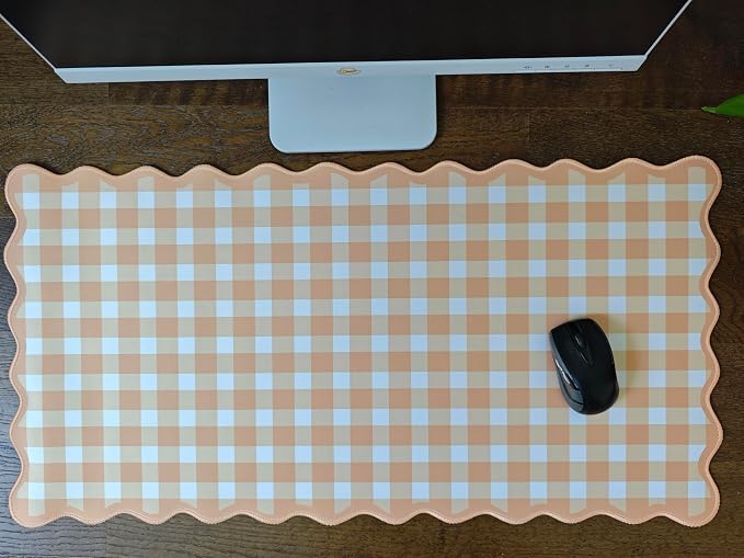 Scalloped‌ Orange Checkered Gingham Desk Mat Cute Pastel Large Mouse Pad Kawaii - Image 6