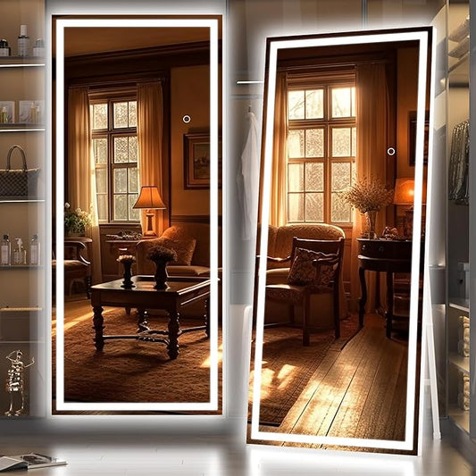 Hasipu Full Length Mirror with Lights, 71" x 24" LED Lighted Floor Standing, Full Body Dressing Hanging Mounted Mirror, Dimmable, Tempered Glass, Safe to Use, Square White-DeskLoop Office