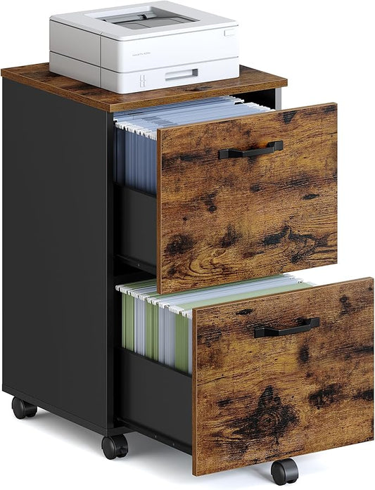 VASAGLE 2-Drawer File Cabinet, Small Rolling Filing Cabinet for Home Office, Printer Stand, for A4, Letter-Size Documents, 15.7 x 16.5 x 27.6 Inches, Rustic Brown and Ink Black UOFC040B01-DeskLoop Office