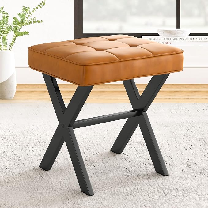 LUE BONA Vanity Stool, Faux Leather X-Leg Foot Stool, Small Ottoman Makeup by LUEBONA