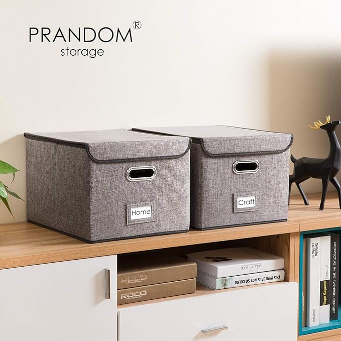PRANDOM File Organizer Box - Set of 4 Collapsible Decorative Linen Filing Storage Hanging File Folders with Lids Office Cabinet Letter Size (15x12.2x10.75 inch)-DeskLoop Office