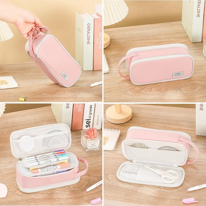 Pencil Case Large Zipper Pencil Pouch for Girls Kids Teens Adults Aesthetic Pencil Bag Stationery Organizer Pencil Case with Handle for School Pink-DeskLoop Office
