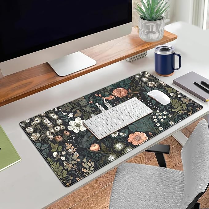 Dark Flower Desk Mat Floral Plants Mouse Pad Boho Aesthetic Wildflowers Large - Image 5