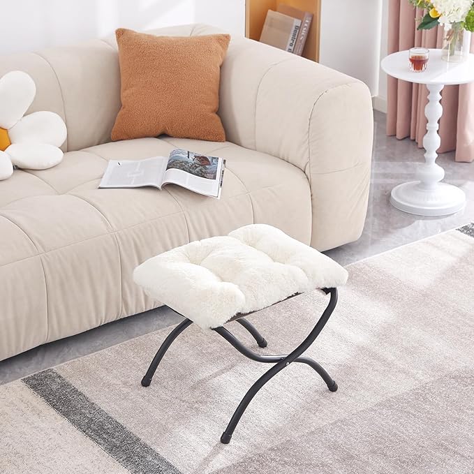LITA Folding Upholstered Footrest Stool, Modern Small Portable Accent Ottoman with Detachable Thick Cotton Cushion Padded Sofa Stool with Metal Frame for Lazy Chair, Living Room & Bedroom, Plush Beige-DeskLoop Office