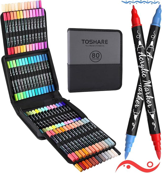 TOSHARE 80 Colors Acrylic Paint Markers, Brush & Fine Dual Tip Acrylic Paint by TOSHARE