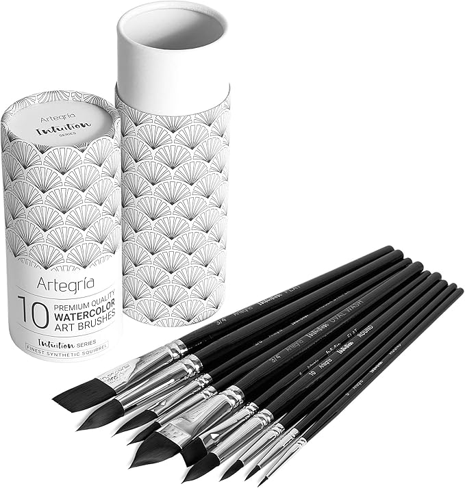 ARTEGRIA Watercolor Brush Set, 10 Professional Soft Synthetic Squirrel Paint Brushes, Including Pointed Rounds, Flats, Dagger, Oval Wash-DeskLoop Office