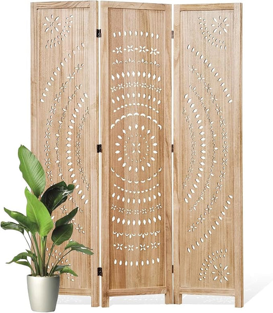 66.9Inch Folding Room Divider, 3 Panels Wood Carved Privacy Screens, Free by Svimi