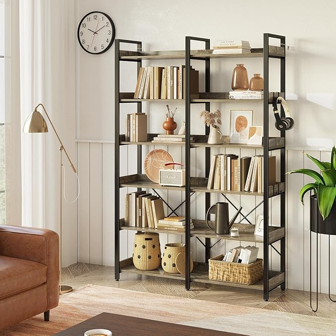 Seventable Bookshelf 6 Tier with 4 Hooks，67”Industrial Wooden Bookcase, Vintage Storage Rack with Open Shelves, Rustic Standing Bookshelves Metal Frame 43.3” Wide Display Rack, Gray-DeskLoop Office
