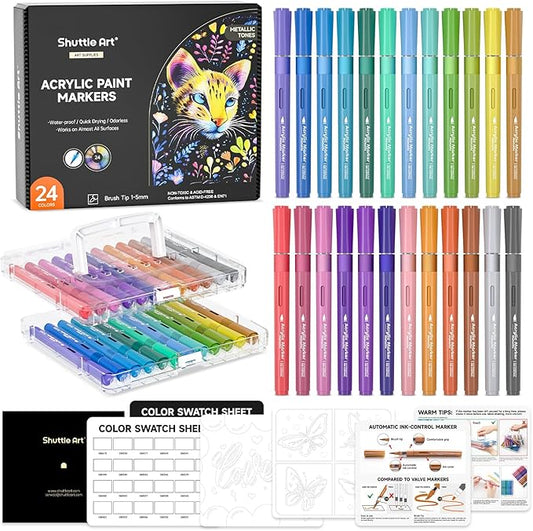 Automatic Ink Control Acrylic Paint Markers, Shuttle Art 24 Metallic Colors Brush Tip Acrylic Paint Pens for Rock Painting, Ceramic, Wood, Canvas, Glass, Stone, Fabric, Card Making, DIY & Art Supplies-DeskLoop Office