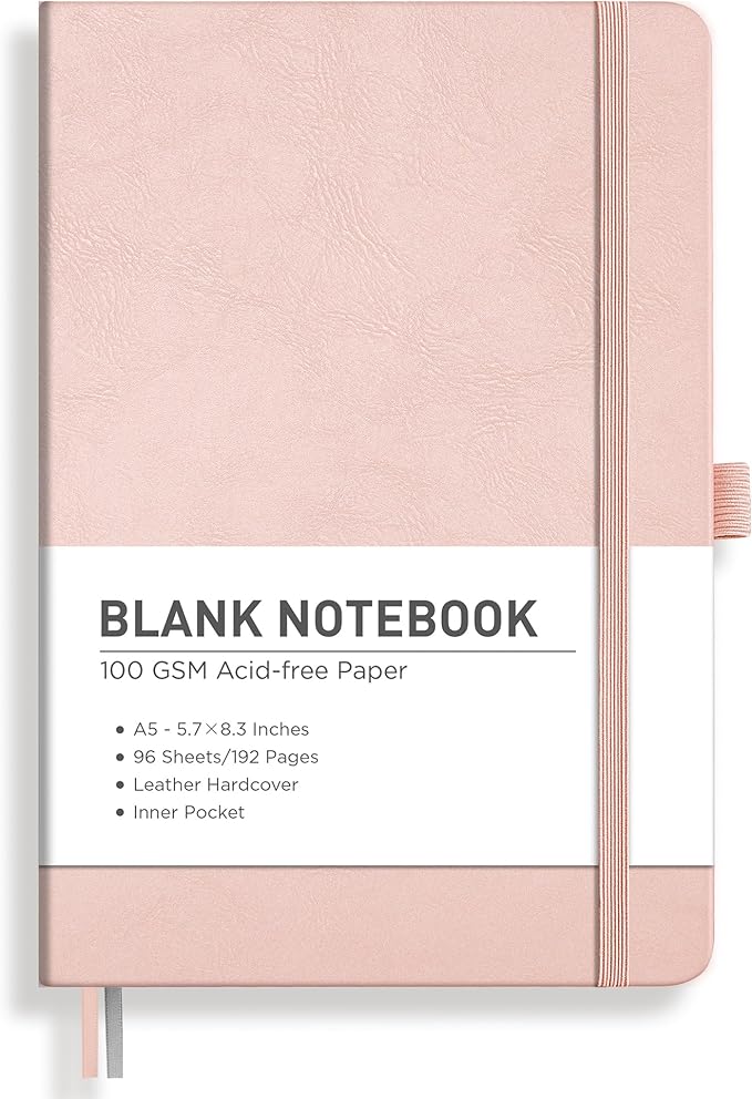 RETTACY Blank Journal Notebook, 192 Pages, A5 Medium Size (5.7'' x 8.3''), Leather Hardcover, 100 GSM Thick Paper, for Sketching, Drawing, Painting (Rose Gold)-DeskLoop Office