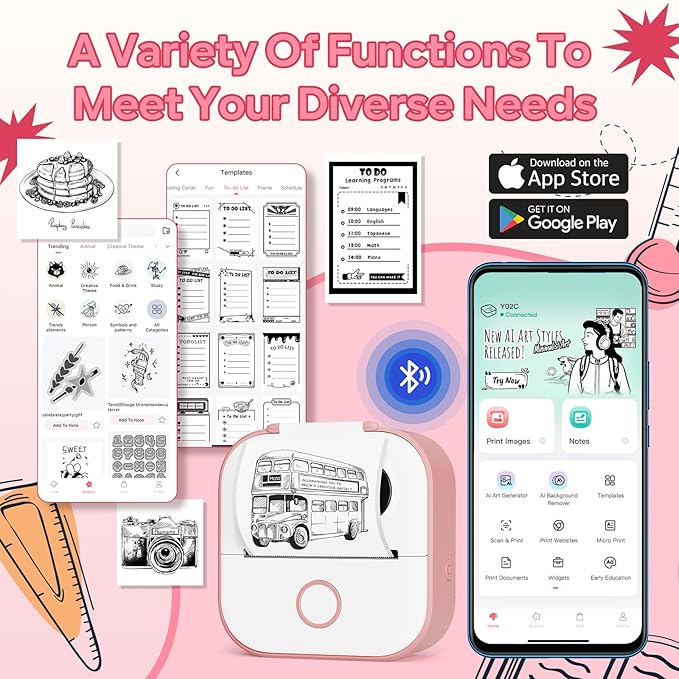Sticker Printer Machine, Print Pods Mini Maker with 1 Roll Paper, Mini Portable Sticker Maker Y02C, Bluetooth Inkless for Phone, Thermal Portable Machine for Journal, Note, Photos, Learning-DeskLoop Office