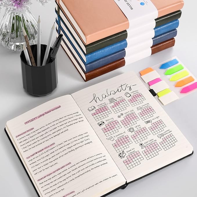 5 Pack College Ruled Notebook, 312 Numbered Pages Thick Notebooks Bulk, 100gsm No Bleed Paper Hardcover Leather Journal, Lined Journal Notebook Set for Women Men School Office, A5, Multicolor-DeskLoop Office