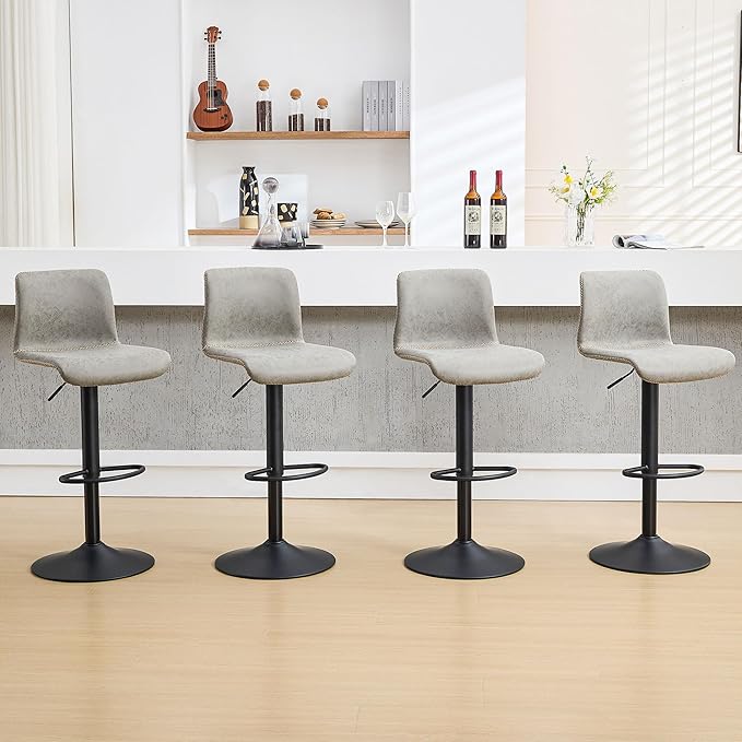 HeuGah Swivel Bar Stools Set of 4, Counter Height Bar Stools with Back, Adjustable Bar Stools 24" to 32", Gray Faux Leather Bar Chairs for Kitchen Island (Gray, Set of 4 (24'' to 32''))-DeskLoop Office