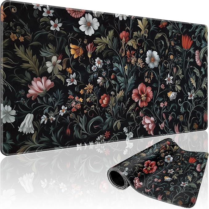 Dark Floral Pattern Large Gaming Mouse Pad 31.5"x15.7"｜XXL Desk Mat, Non-Slip by Mcapirivo