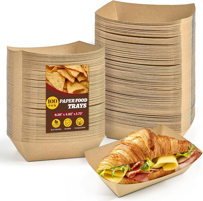 Ocmoiy 2lb Paper Food Trays, 100 Pack Heavy Duty Kraft Food Boats Holders by Ocmoiy