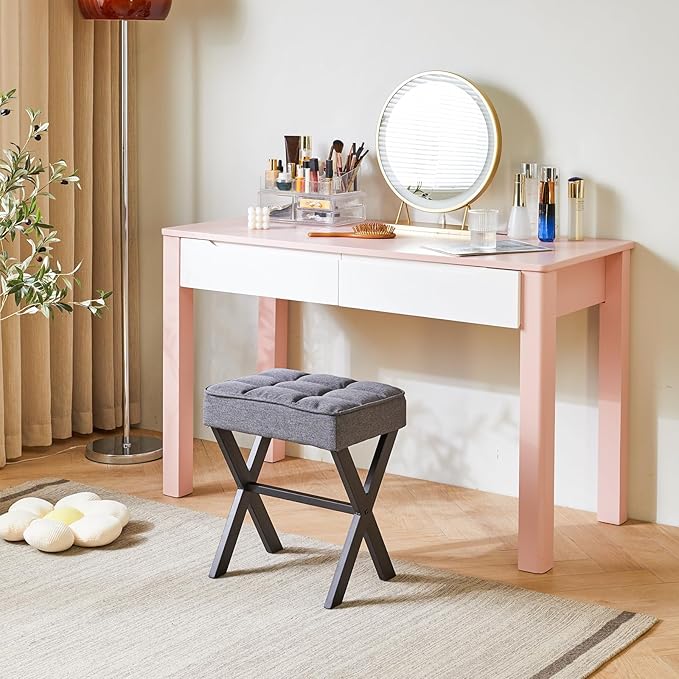 IBUYKE Square Makeup Stool with X-Leg Foot Rest, Linen Footrest, Ottoman Seat, Multi-Use as Small Side Table, for Bedroom, Living Room, Dark Gray LG-70G-DeskLoop Office
