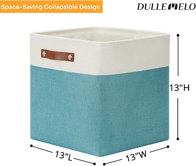 DULLEMELO Storage Bins for Organizing,Closet Storage Baskets for Gift Empty,Large Linen Canvas Storage Bins with Handles for Home Office Toys Shelves(White&Teal, 13 inch Cube)-DeskLoop Office