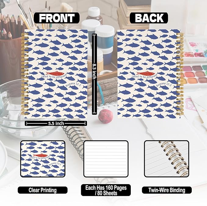 Christian Fish Spiral Notebook, Coastal Beach Bible Journaling Notebooks for Note Taking, Ocean Fish Hardcover Journals for Women Men 160 Pages 5.5 x 8.3 Inch, Christian Gifts for Women-DeskLoop Office