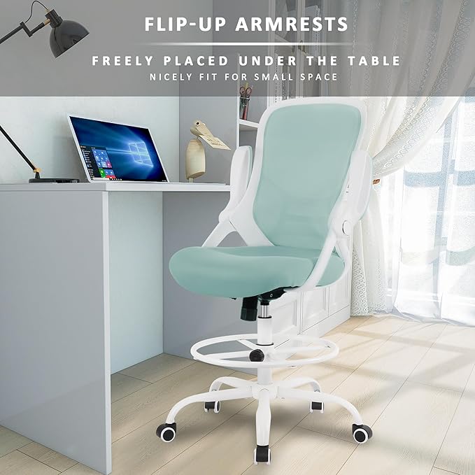 HYLONE Drafting Chair Tiffany Blue, Tall Office Chair Standing Desk Stool with Adjustable Height, Foot Ring, Flip-Up Arms, Mesh High-Back Office Chair, White-DeskLoop Office
