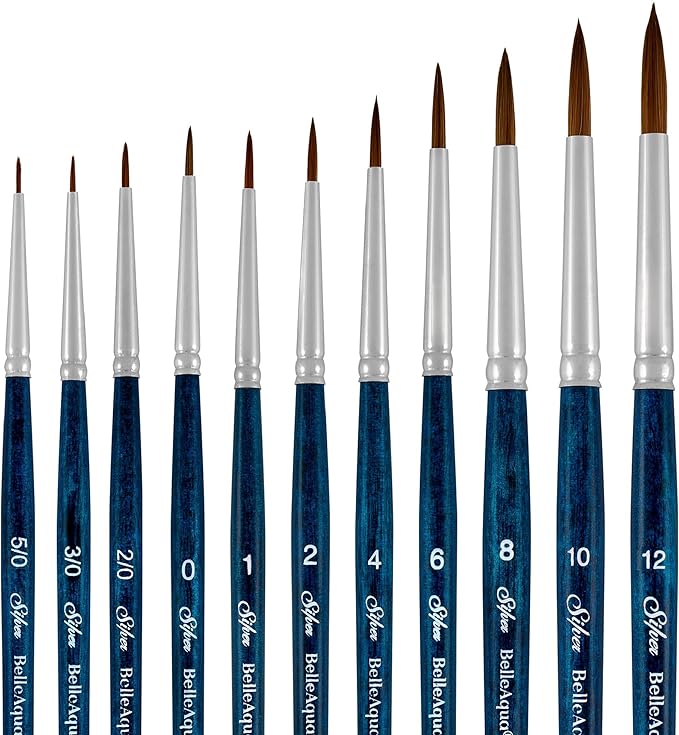 Silver Brush Limited BA-2751S BelleAqua Endless Expression 11pc Round Watercolor Brush Set, Professional Soft Synthetic Red Sable Round Paint Brush Set, Sizes 5/0, 3/0, 2/0, 0, 1, 2, 4, 6, 8, 10, & 12-DeskLoop Office