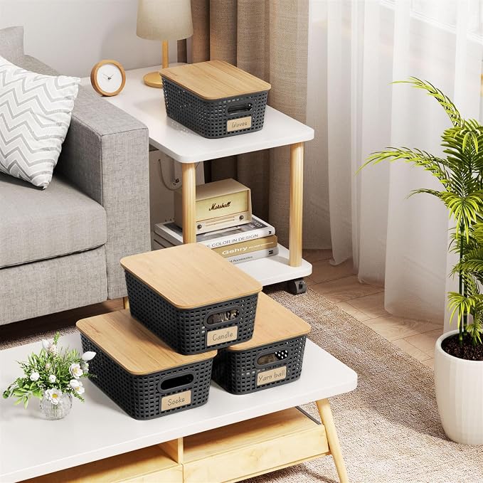 6Pcs Storage Bins with Lids, Stackable Plastic Storage Basket with Bamboo Lid - Image 6