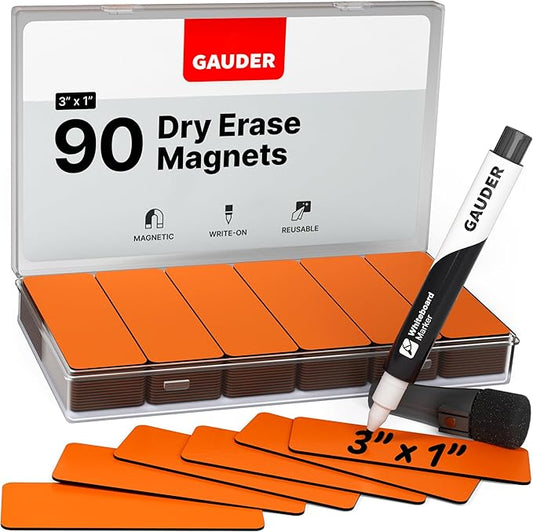 GAUDER Magnetic Dry Erase Labels | 90x Magnetic Labels (3 Inches x 1 Inch) | Dry Erase Magnets for Classroom, Whiteboard and Blackboard-DeskLoop Office