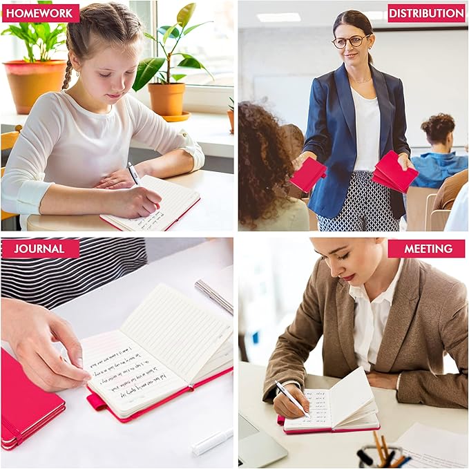 feela 6 Pack Pocket Small Notebooks Bulk, Mini Cute Memo Notepads Hardcover College Ruled Lined Journals with Pen Holder for Women Girls Office School, with 6 Black Pens, 3.5”x 5.5”, A6, Berry