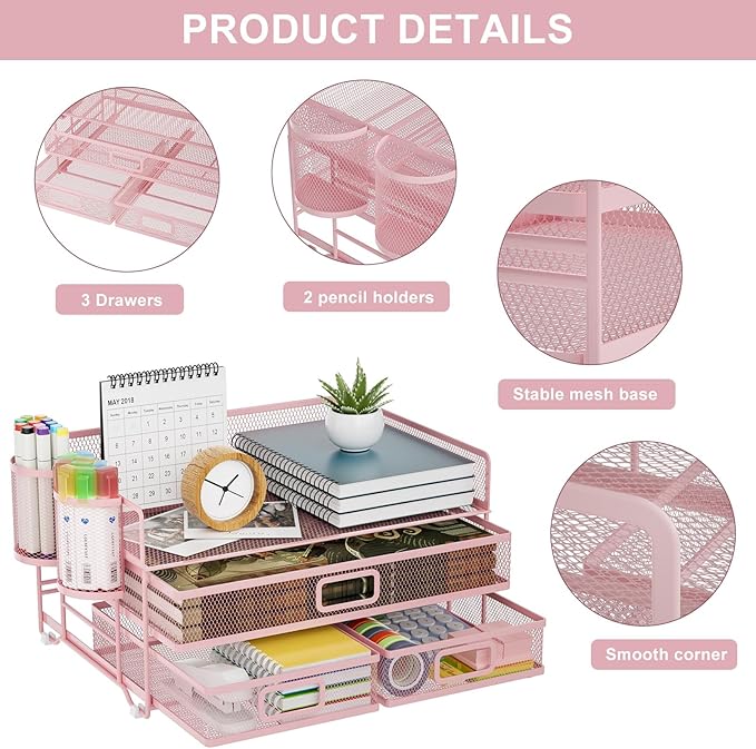 Marbrasse 3 Tier Mesh Desk Organizer with Drawer, Multi-Functional Desk Organizers and Accessories, Paper Letter Organizer with 2 Pen Holder for Home Office Supplies (Pink)-DeskLoop Office