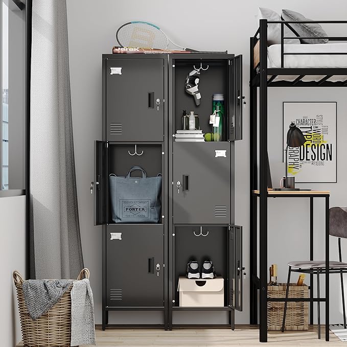 Aobabo 16" W 3 Door Metal Storage Locker with Lock, 66" H Steel Locker with Name Card Holder and Metal Hook for School, Home, Office, Playroom, Assembly Required, Black-DeskLoop Office