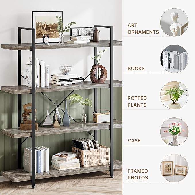 Heavy Duty 4-Tier Industrial Bookcase, 47" Wide Wood Bookshelf for Home Office, 120lbs Shelf Capacity, Rustic Shelving Display with Reinforced Horizontal Shelf for Living Room Bedroom,Grey-DeskLoop Office