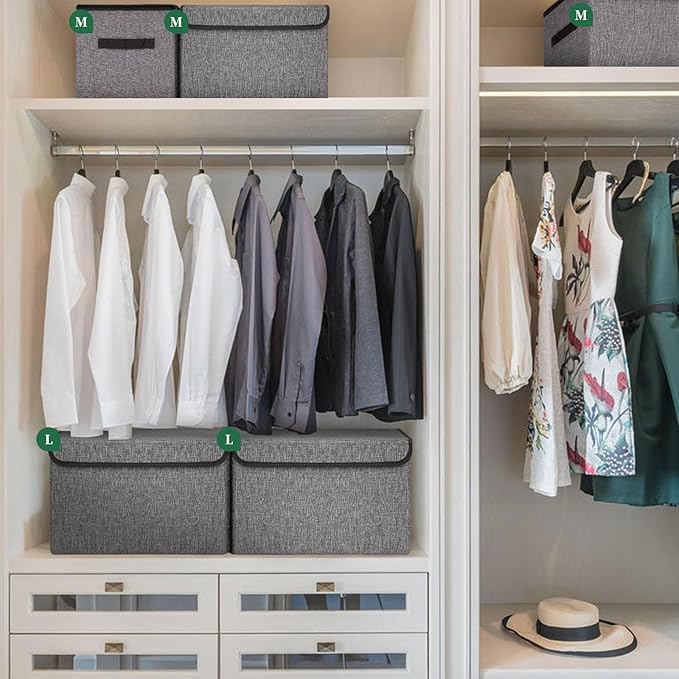 Large 22 Quart Linen Fabric Foldable Storage Bin Cube Organizer Basket with Flip-Top Lid & Handles, Clothes Blanket Box for Home, Office, Closet, Gray, 4 Pack 14.6 x 9.5 x 9.5”-DeskLoop Office